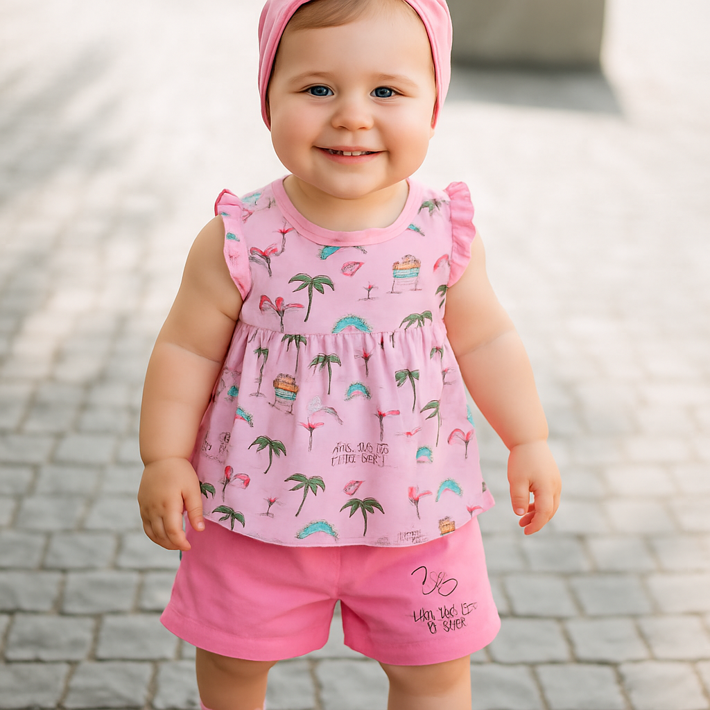 Baby Pink Cartoon Frock with Shorts Set for Girls