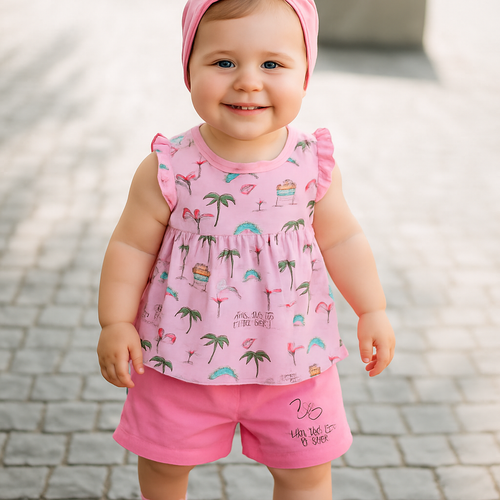 Baby Pink Cartoon Frock with Shorts Set for Girls
