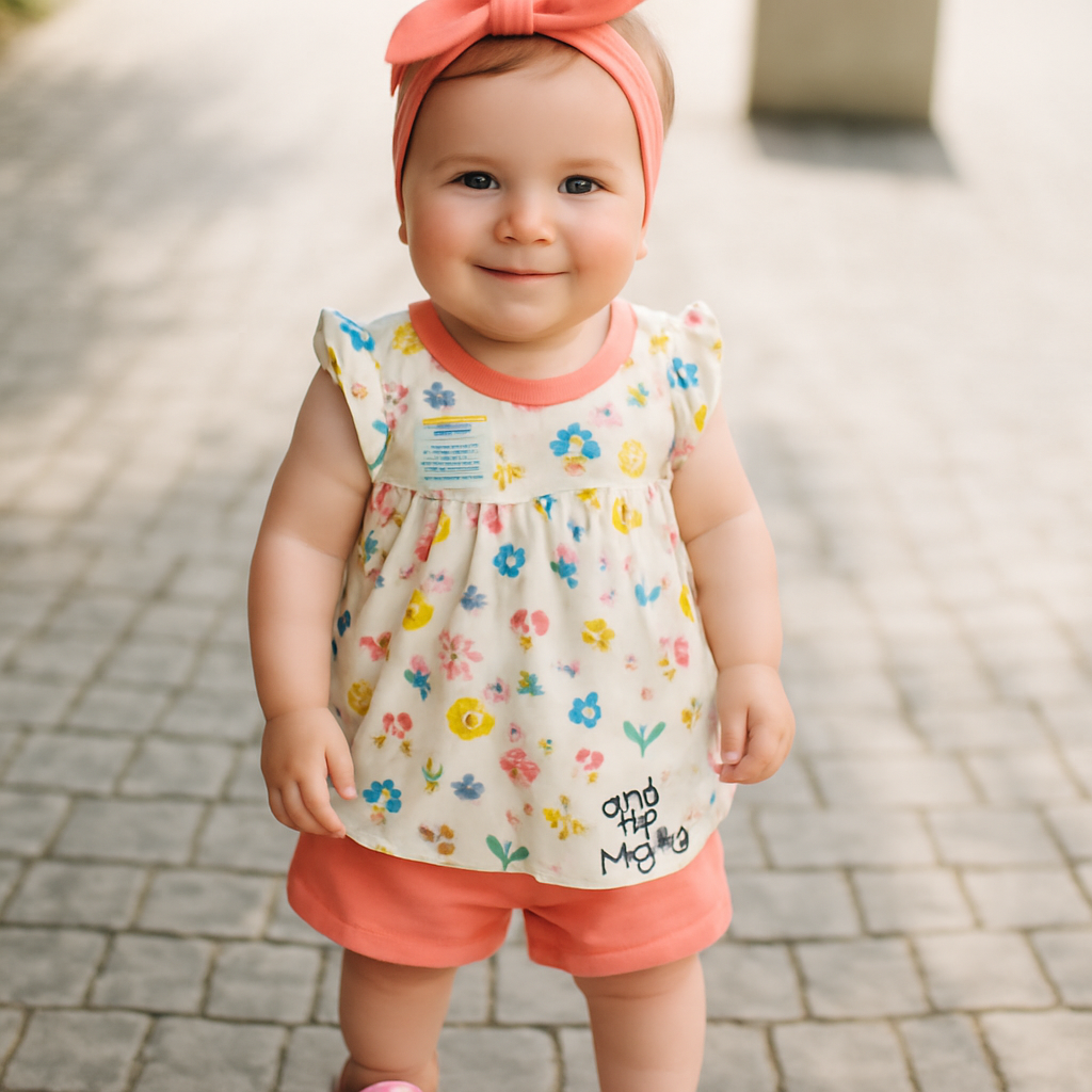 Cucumber Club Girls' Cartoon Frock with Shorts Set - Beige & Orange