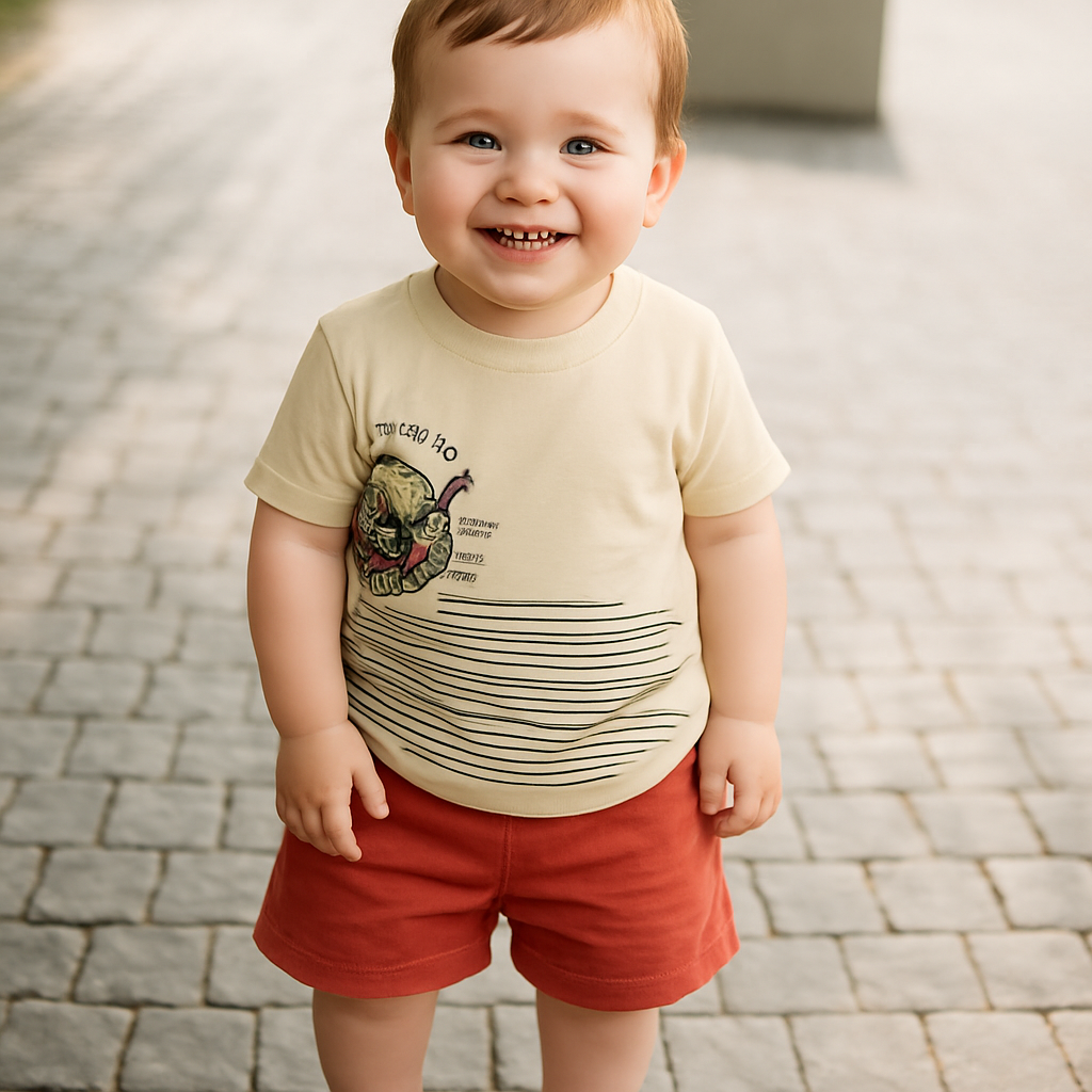 Boys' Cartoon Half Sleeve Tee & Shorts Set - Beige & Red | Cucumber Club