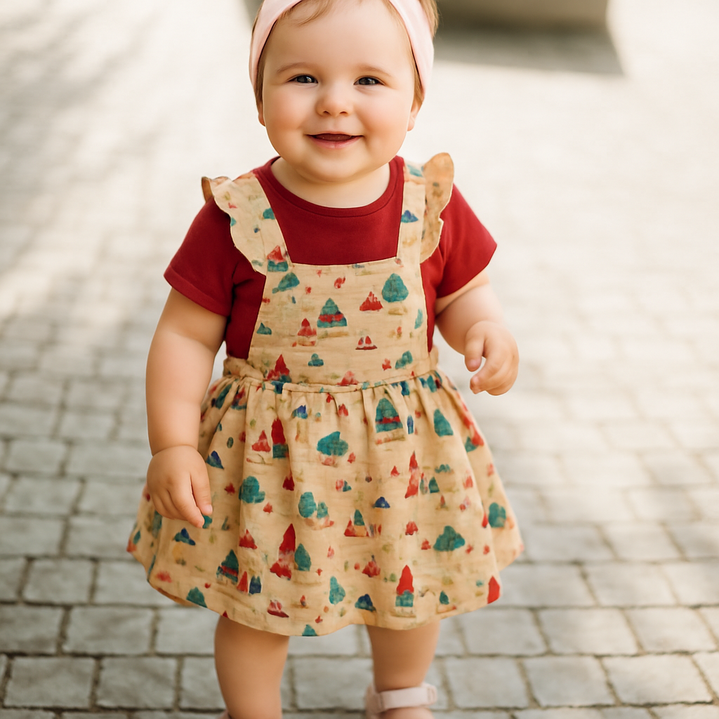 Maroon Cartoon Print Half Sleeves T-Shirt & Pinafore Set for Baby Girls