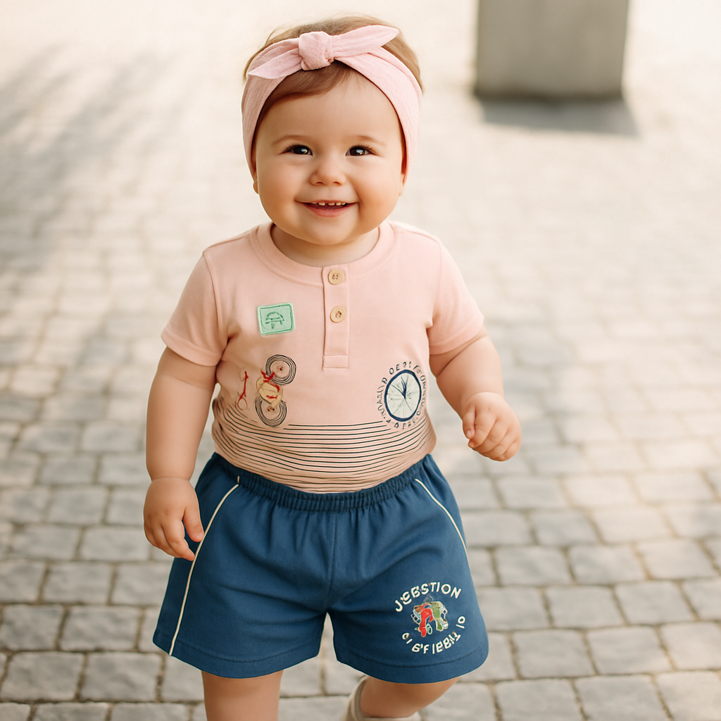 Cucumber Club Boys Cartoon Tee & Shorts Set - Pink/Grey