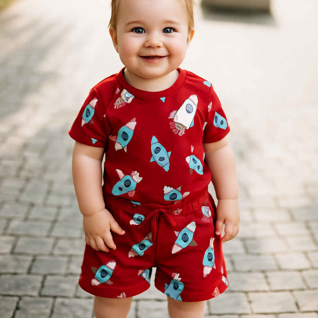 Cucu Cuddles Unisex Rocket Print Red Tee & Shorts Set