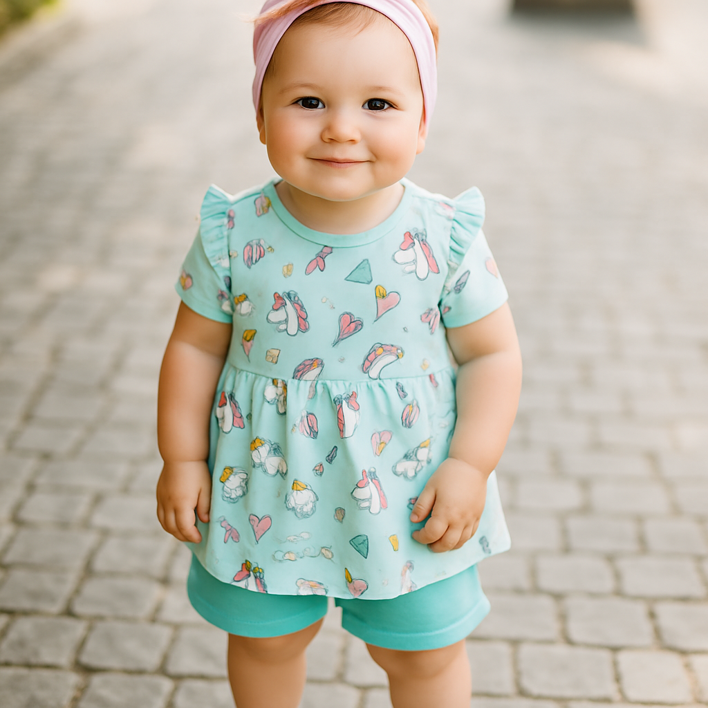 Cucumber Club Girls Cartoon Print Frock and Shorts Set - Green/Cyan