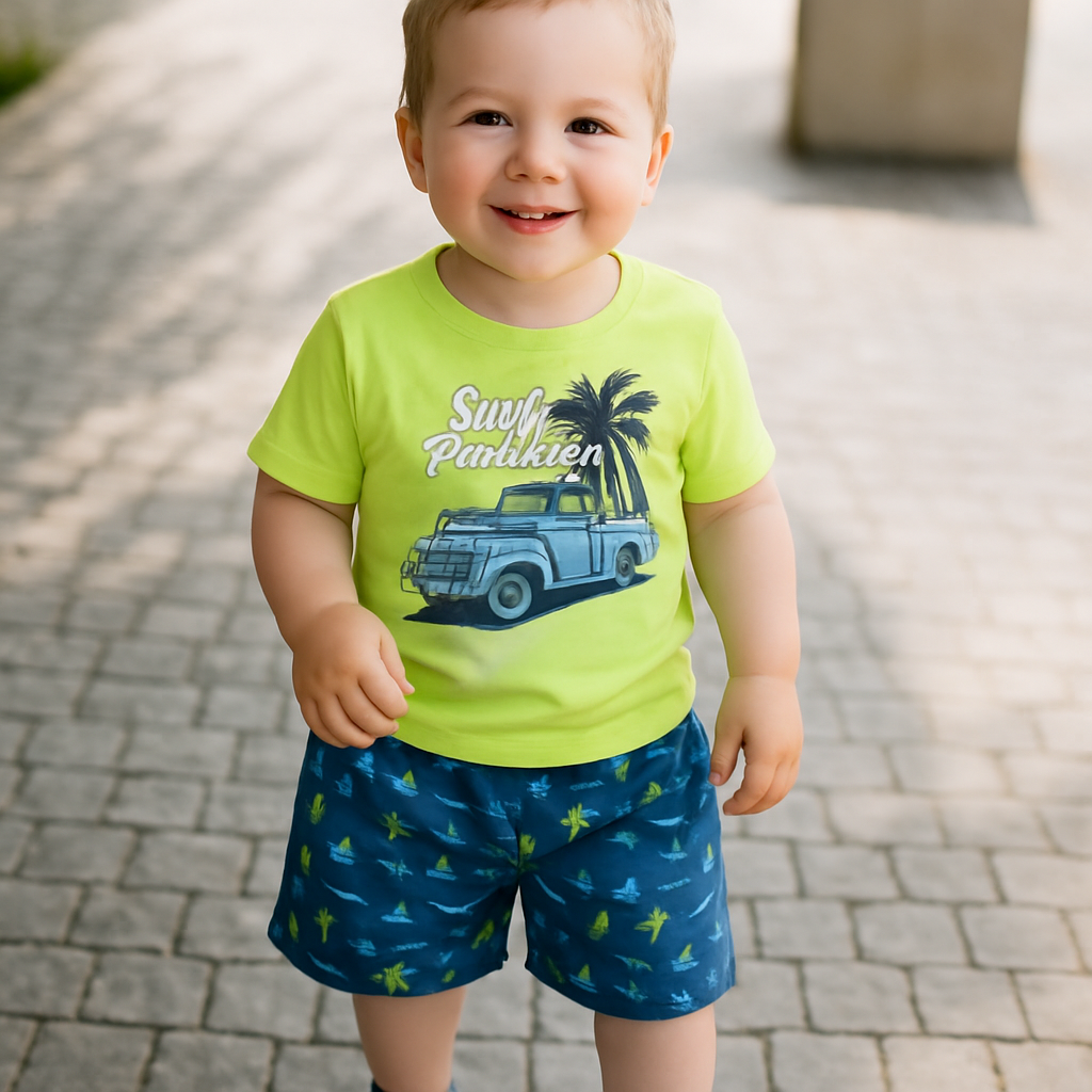 Unisex Cartoon Print Half Sleeve Tee and Shorts Set - Green/Blue