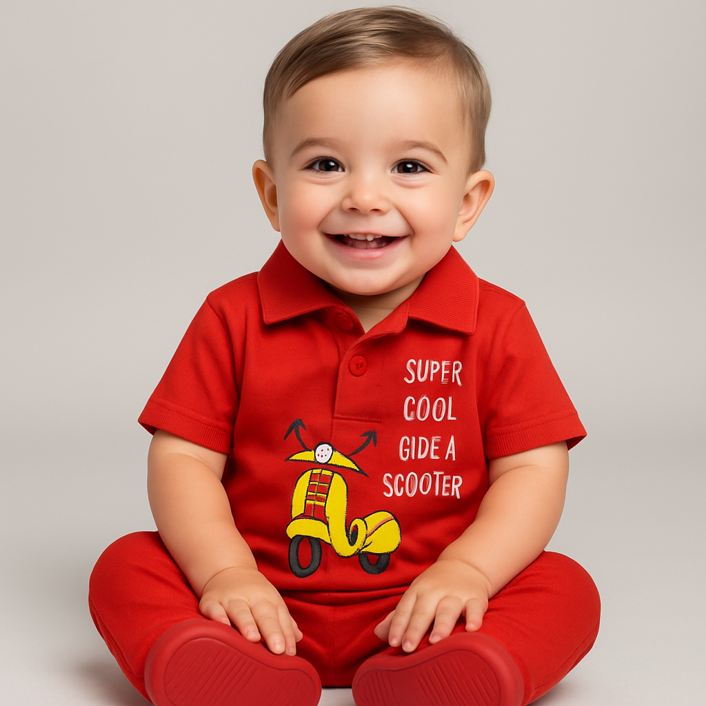 Boys Red Polo T-shirt with Scooter Print – Super Cool Style