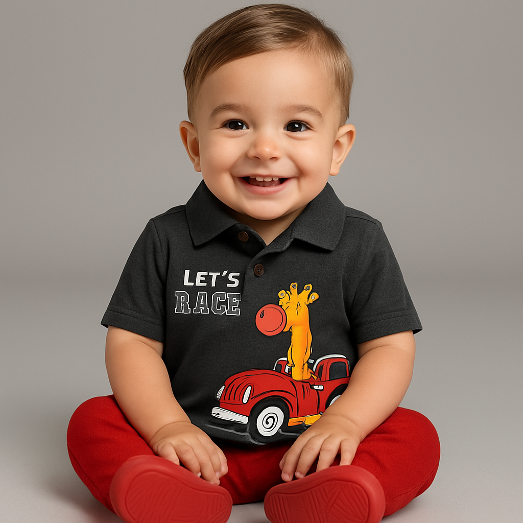 Boys Black Polo T-Shirt with Giraffe Race Car Print