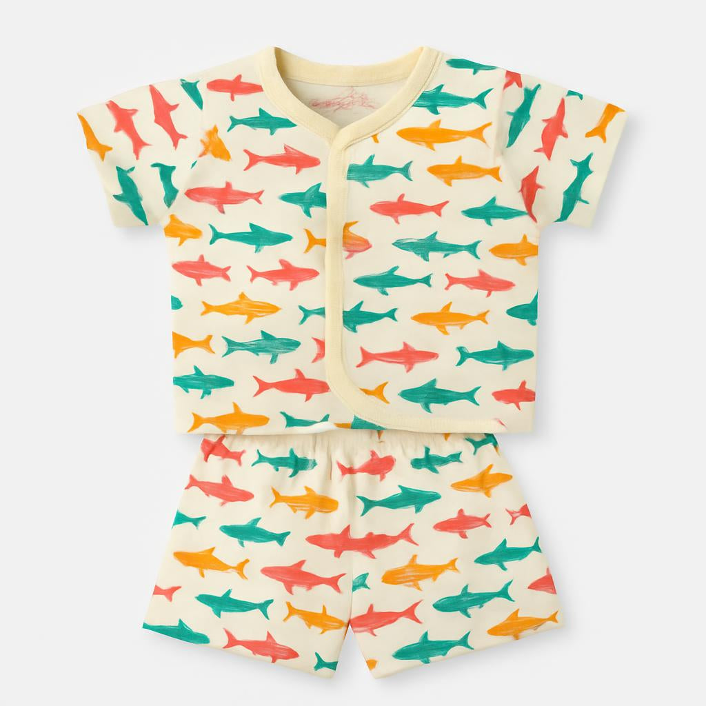 Unisex Yellow Shark Print Summer Co-ord Set