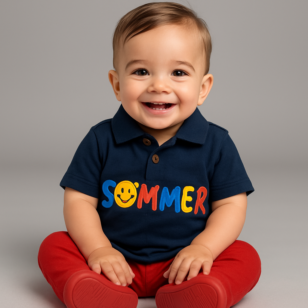 Boys Blue Polo T-Shirt with Colorful 'Sommer' Print