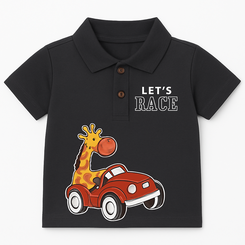 Boys Black Polo T-Shirt with Giraffe Race Car Print