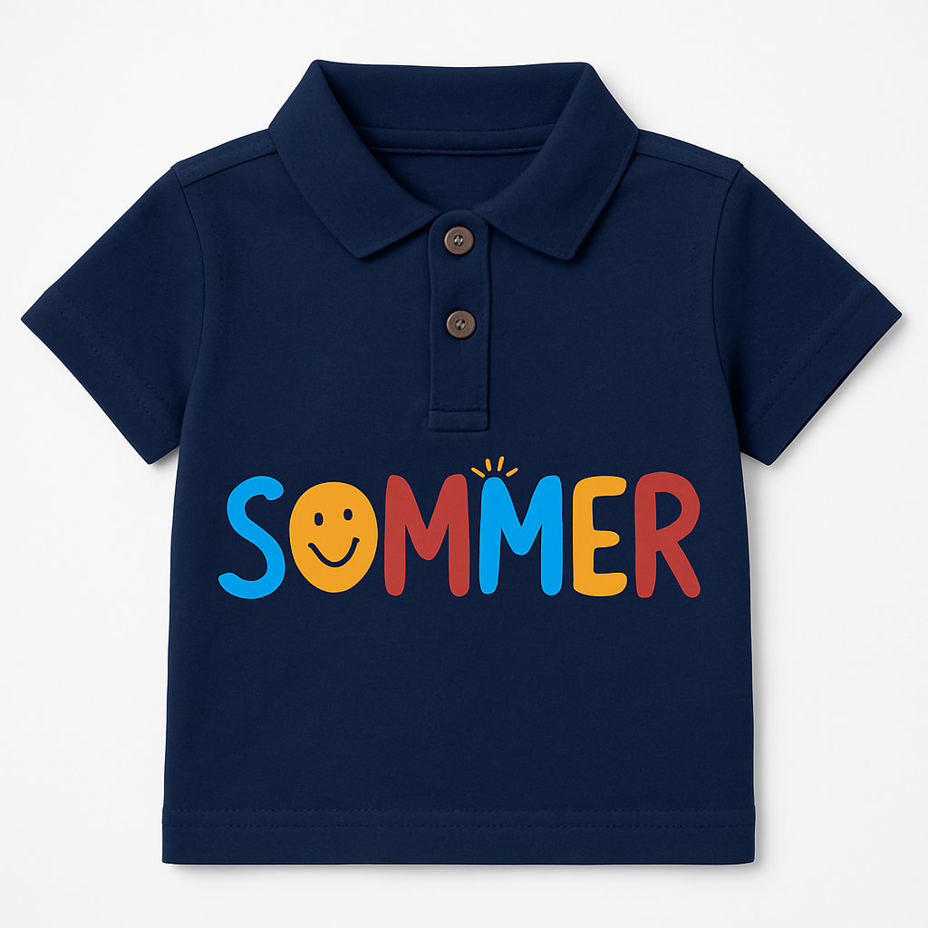 Boys Blue Polo T-Shirt with Colorful 'Sommer' Print