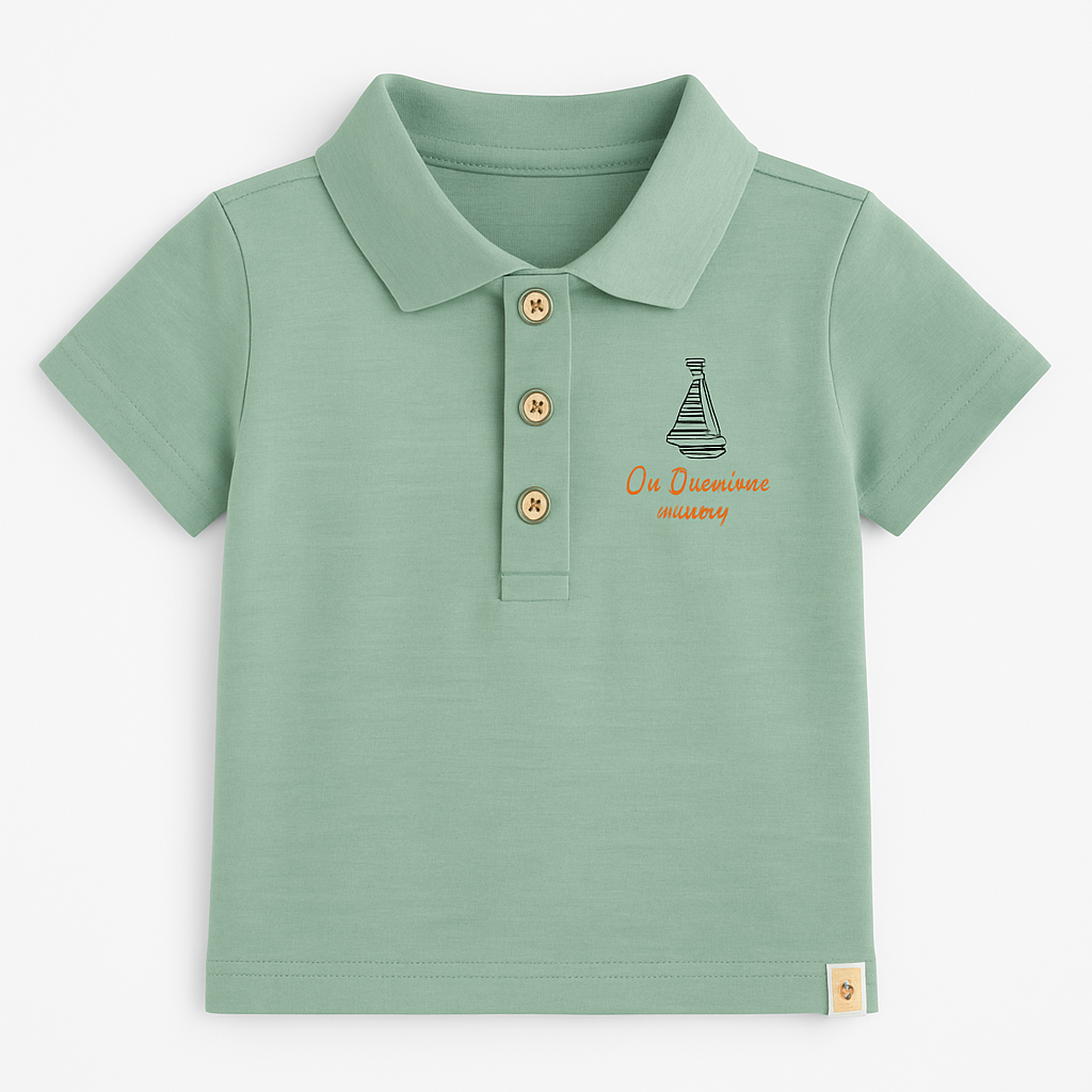 Boys Green Polo T-Shirt with Embroidery & Wooden Buttons