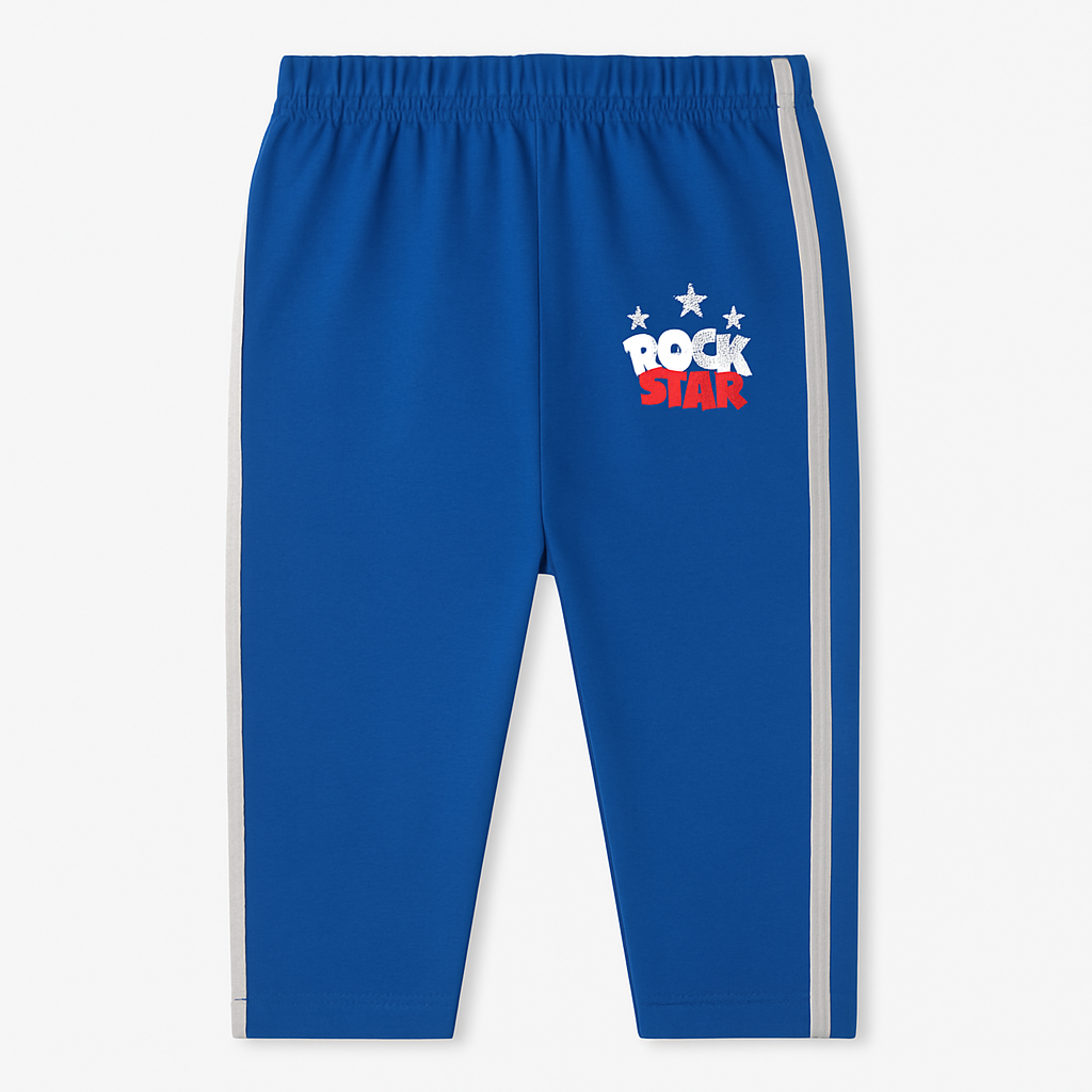 Boys Blue Track Pants with Side Stripes & Rockstar Print