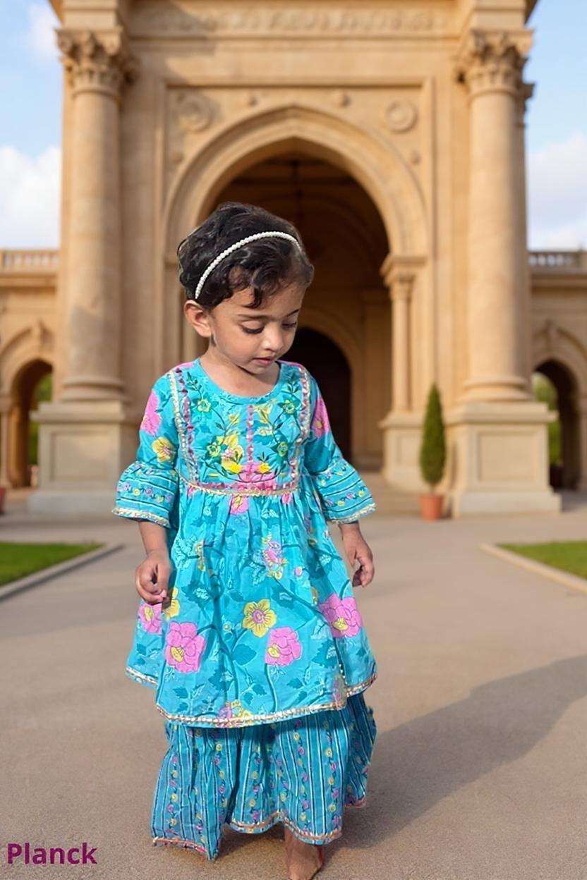 Teal Floral Embroidered Kurta Sharara Set – 60x60 Cotton (1–10 Years)