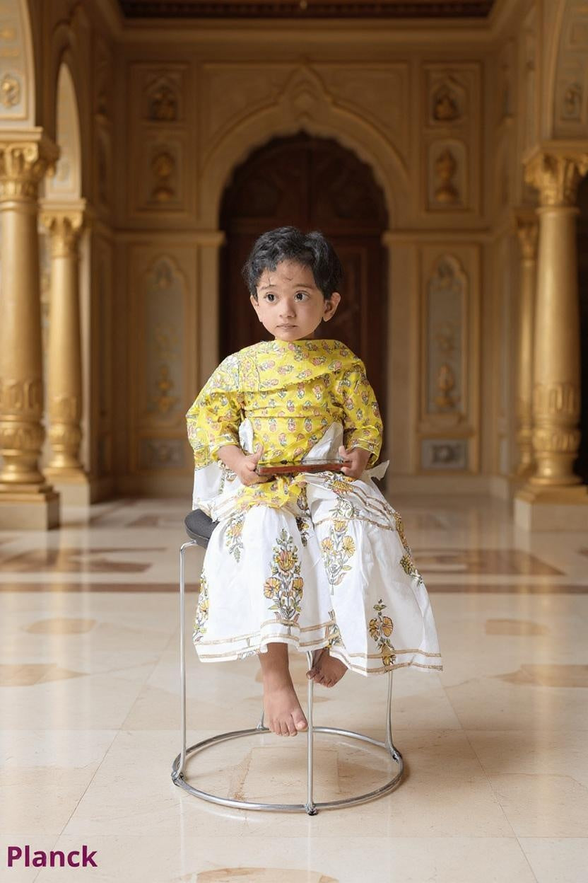Yellow Mughal Buti Kurta Sharara Dupatta Set – 60x60 Cotton (1–10 Years)