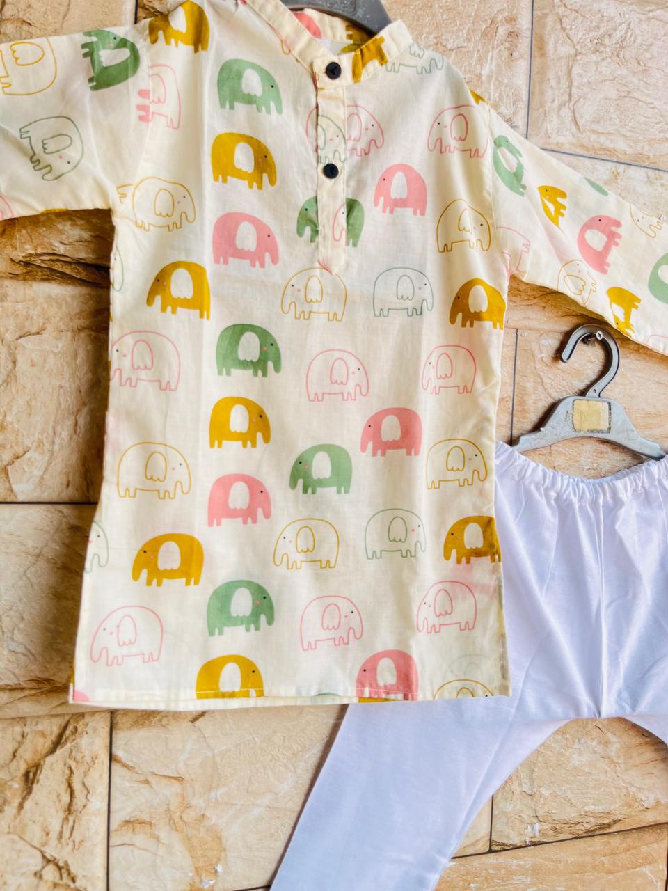 Pastel Elephant Print Kurta Pyjama Set – 60x60 Cotton (1–10 Years)
