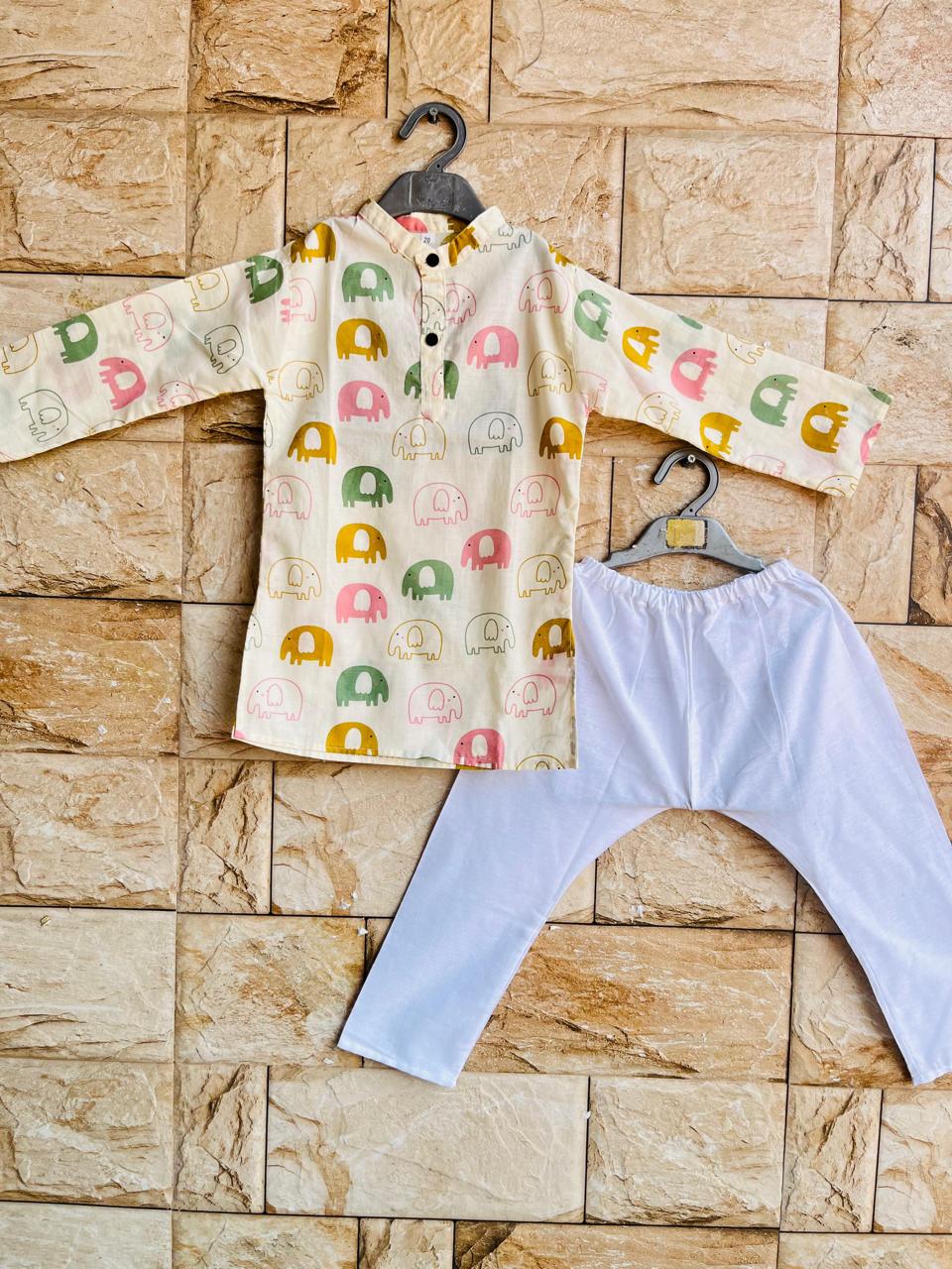 Pastel Elephant Print Kurta Pyjama Set – 60x60 Cotton (1–10 Years)
