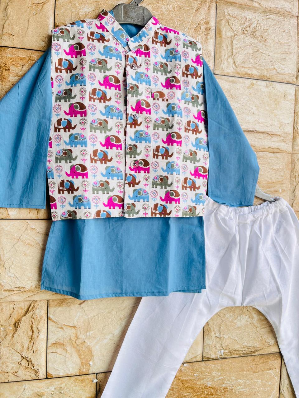 Elephant Parade Nehru Jacket Kurta Set – 60x60 Cotton (1–10 Years)