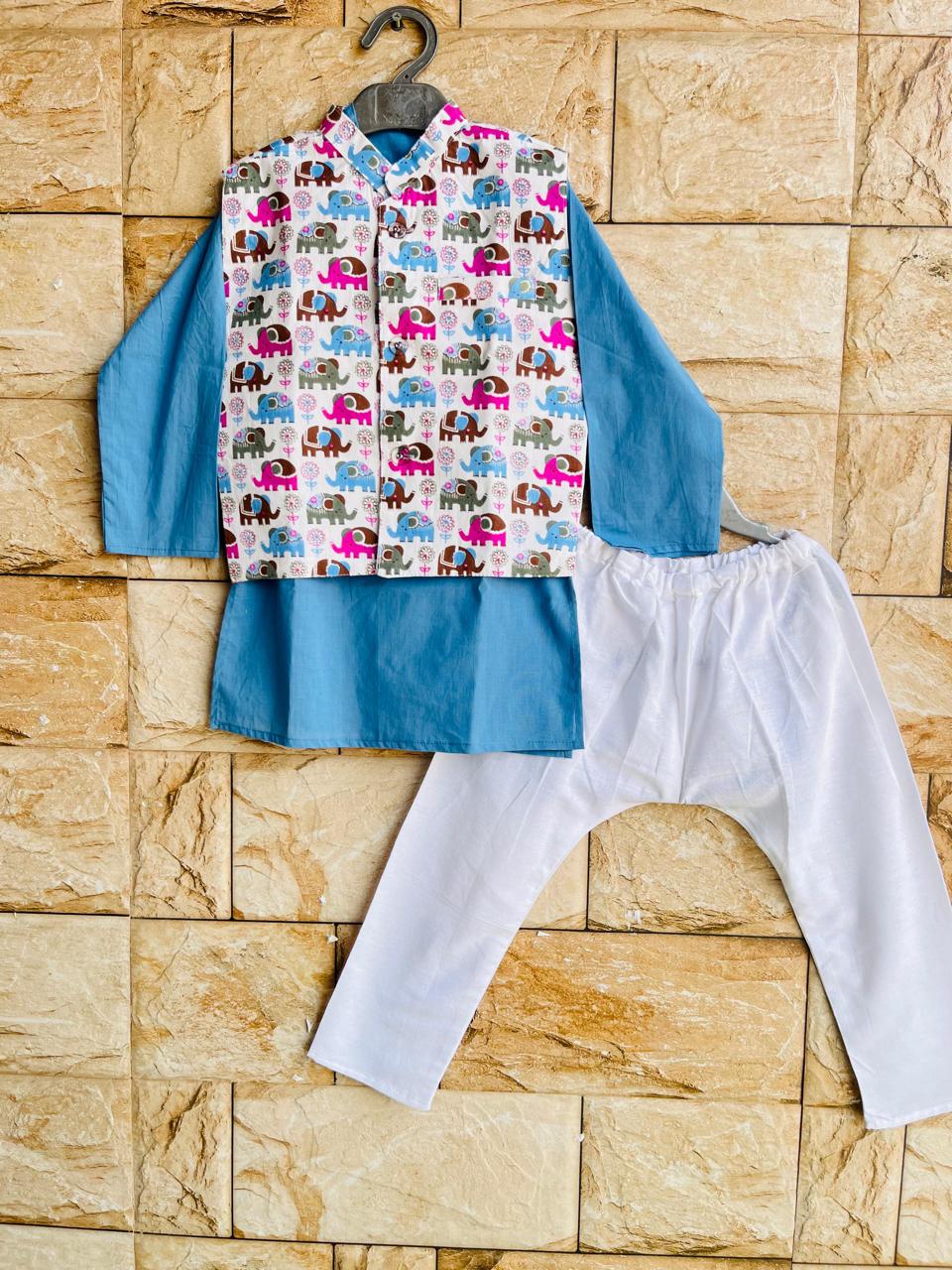 Elephant Parade Nehru Jacket Kurta Set – 60x60 Cotton (1–10 Years)