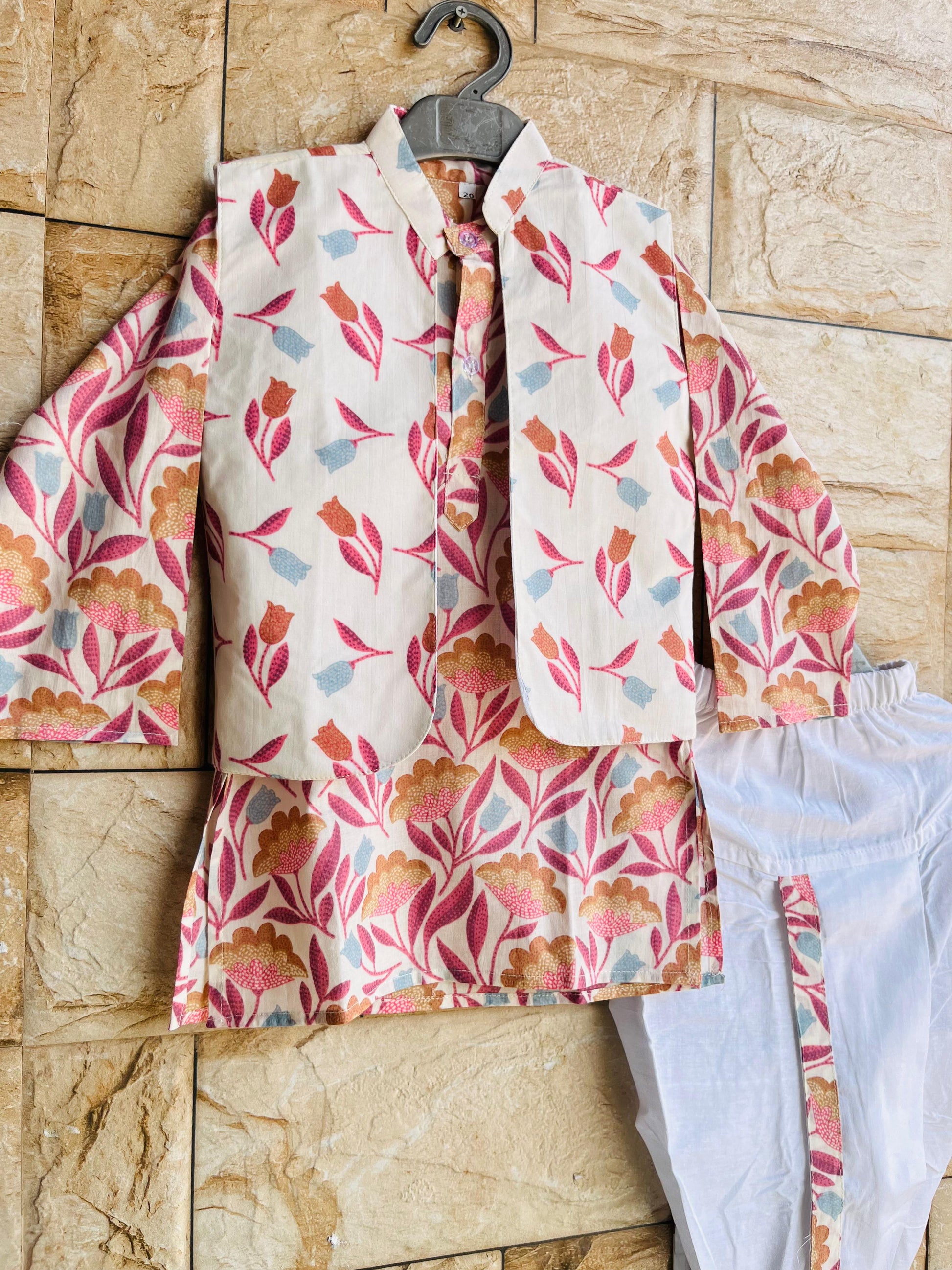 Ivory Floral Nehru Jacket Kurta Set – 60x60 Cotton (1–10 Years)