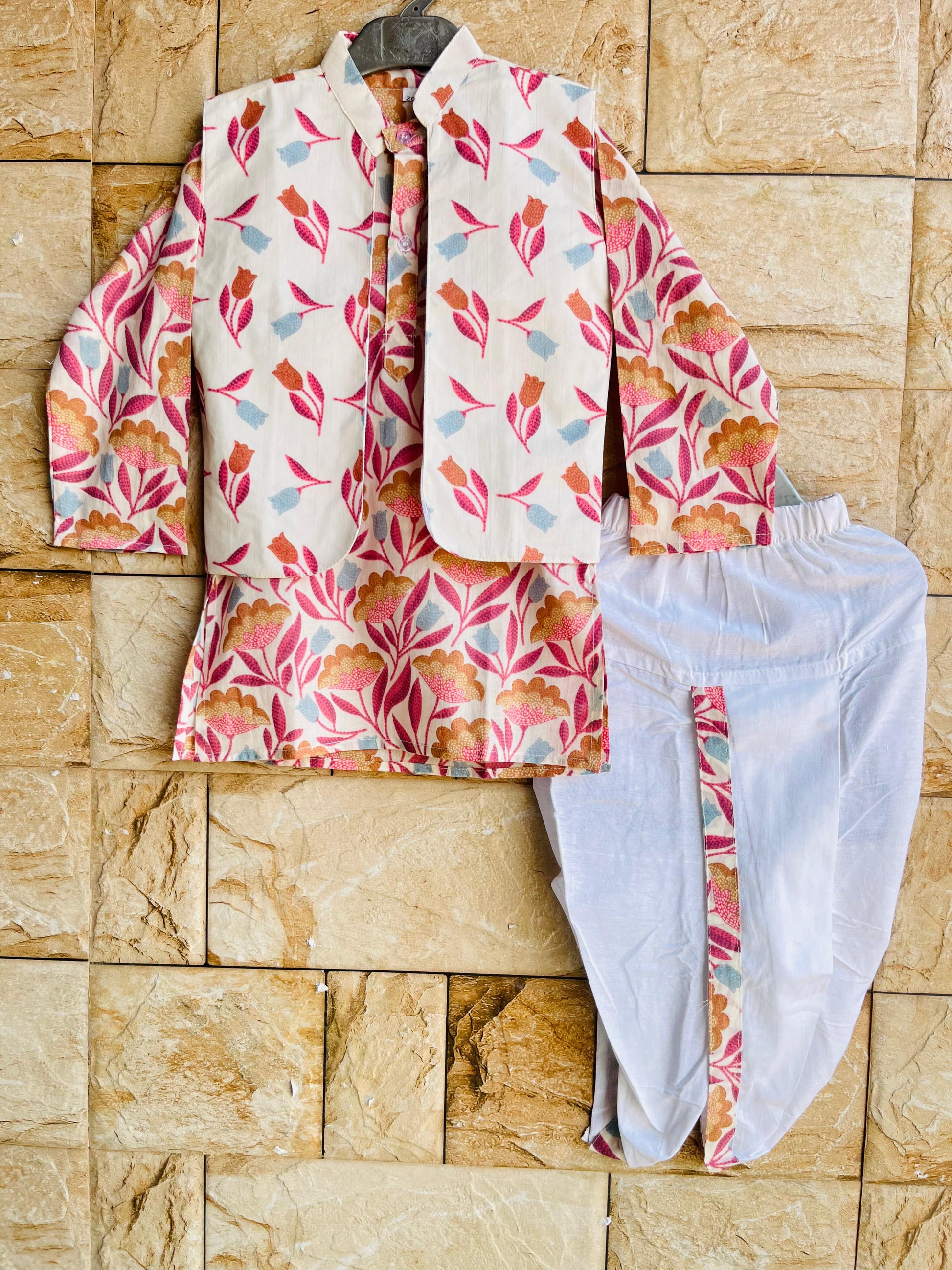 Ivory Floral Nehru Jacket Kurta Set – 60x60 Cotton (1–10 Years)