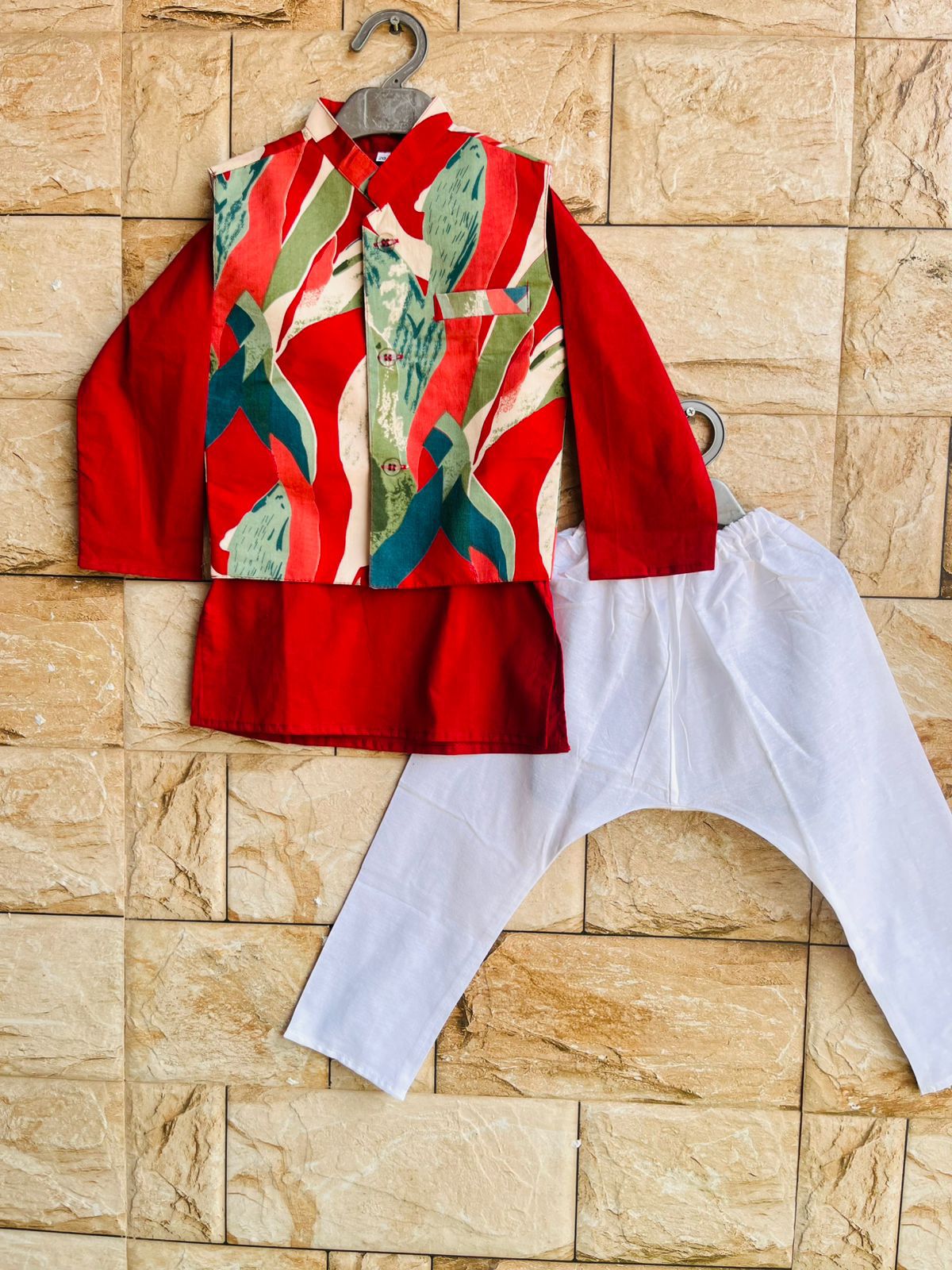 Red Abstract Print Nehru Jacket Kurta Set (1-10 Years)