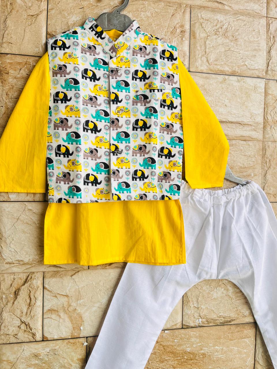Yellow Elephant Parade Kurta Set – 60x60 Cotton (1–10 Years)