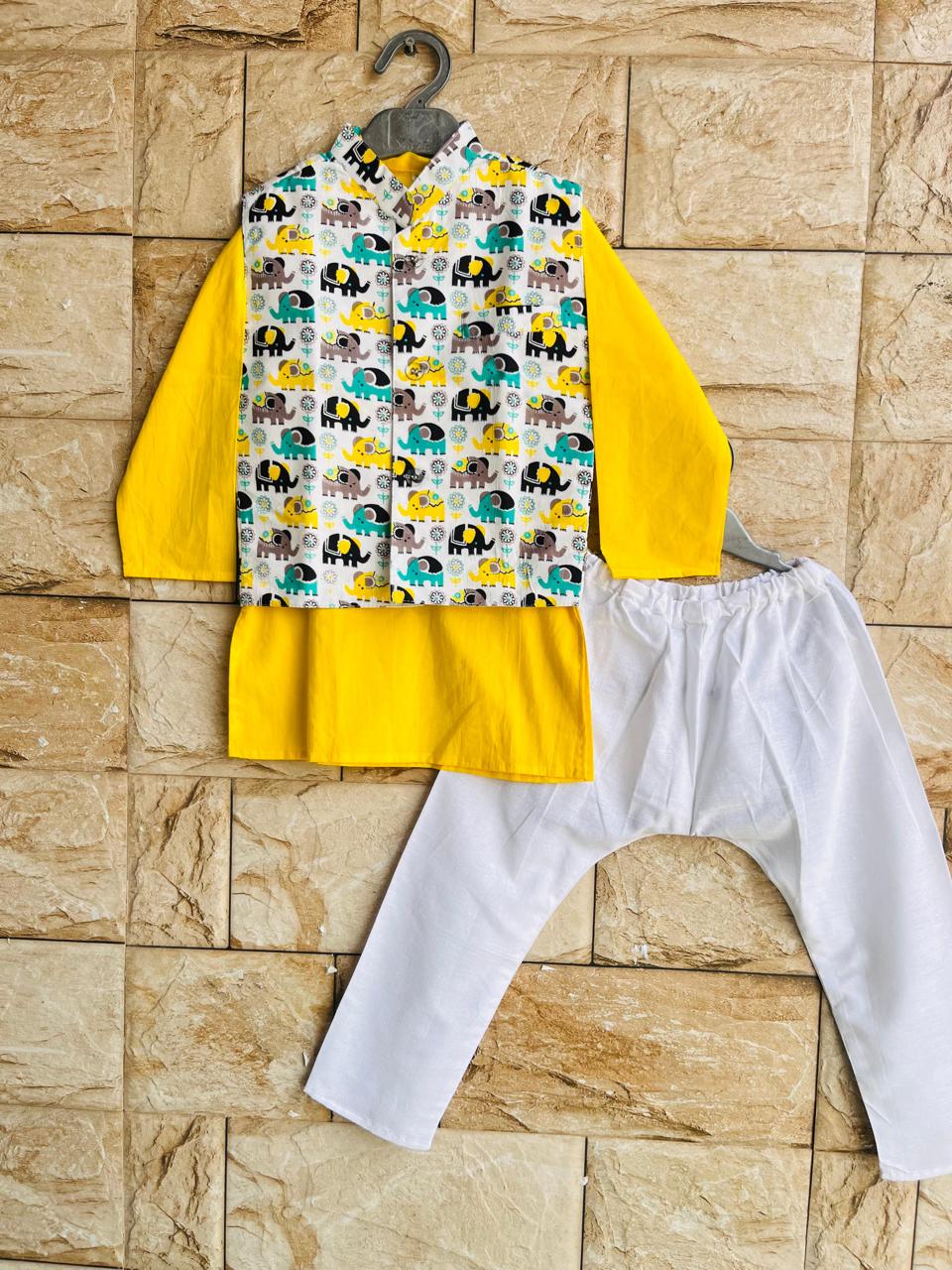 Yellow Elephant Parade Kurta Set – 60x60 Cotton (1–10 Years)