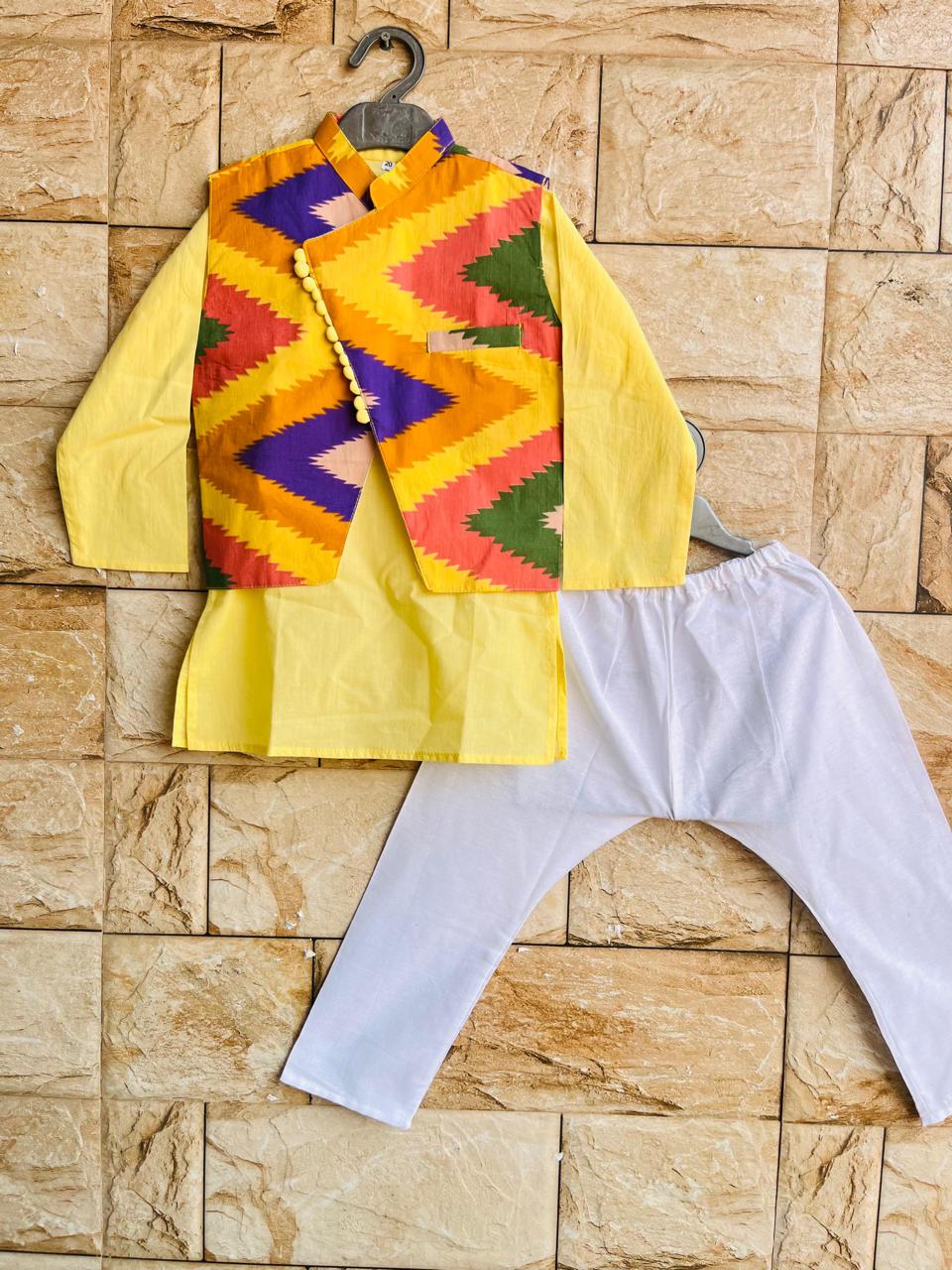 Zigzag Bright Nehru Jacket Kurta Set – 60x60 Cotton (1–10 Years)
