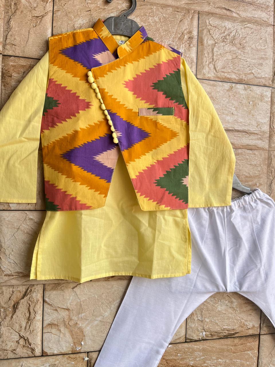 Zigzag Bright Nehru Jacket Kurta Set – 60x60 Cotton (1–10 Years)