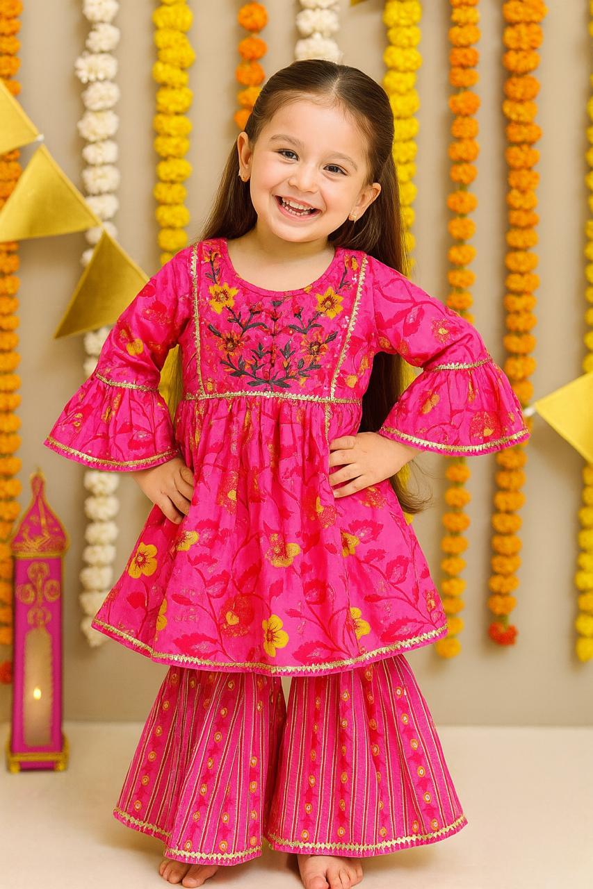 Hot Pink Floral Embroidered Kurta Sharara Set – 60x60 Cotton (1–10 Years)