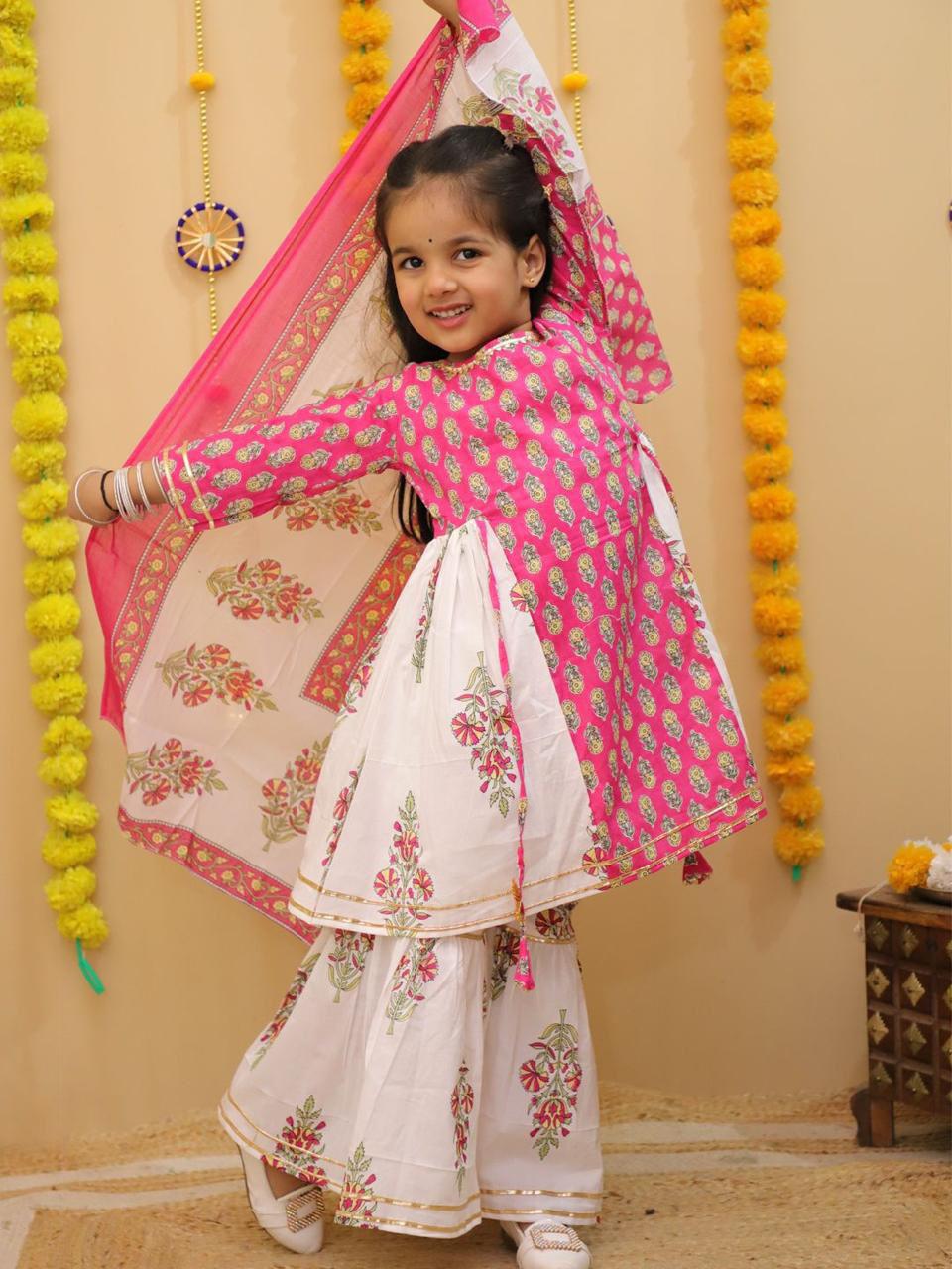 Pink Mughal Print Kurta Sharara Dupatta Set – 60x60 Cotton (1–10 Years)