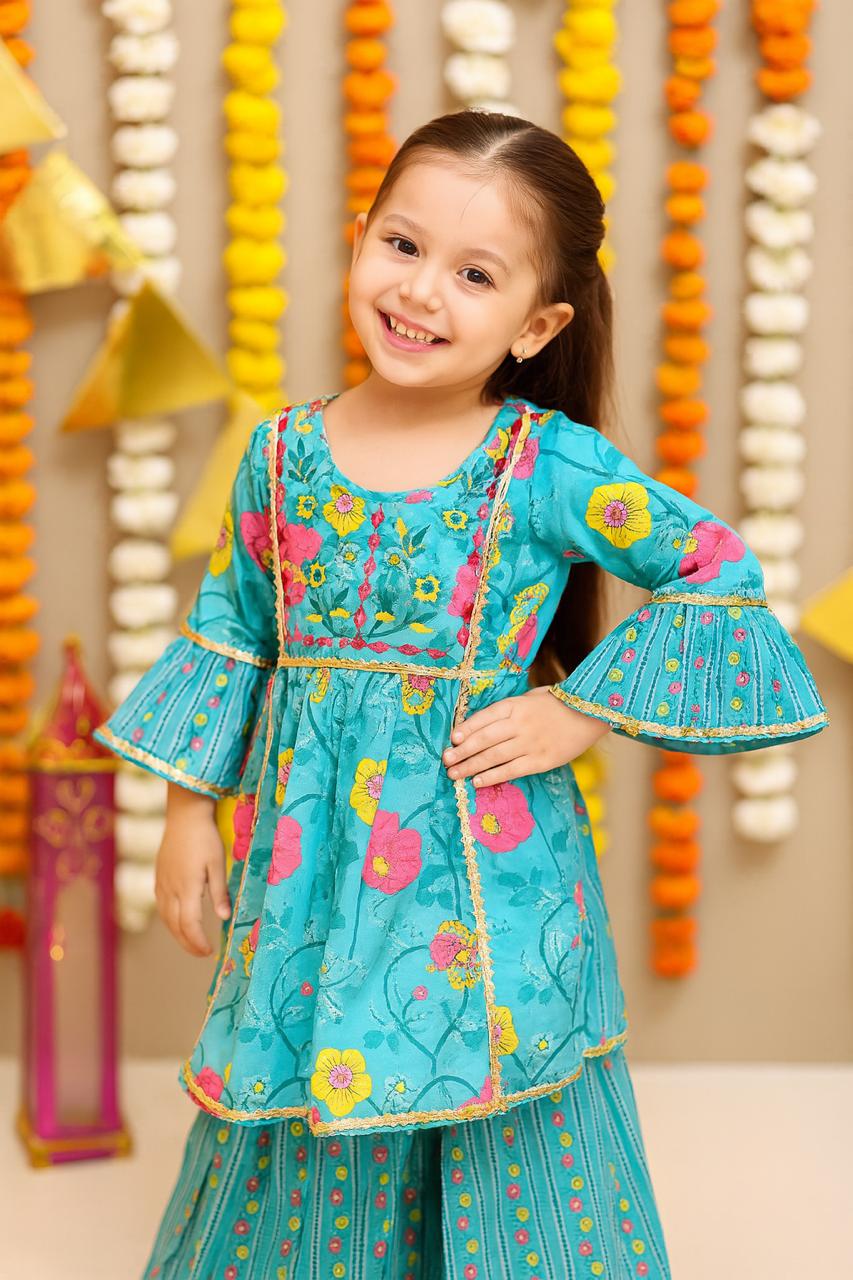 Teal Floral Embroidered Kurta Sharara Set – 60x60 Cotton (1–10 Years)