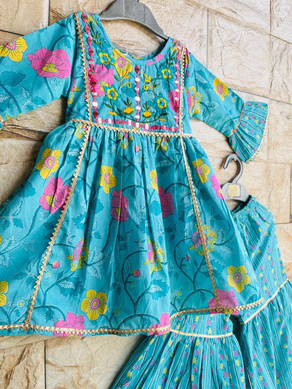 Teal Floral Embroidered Kurta Sharara Set – 60x60 Cotton (1–10 Years)