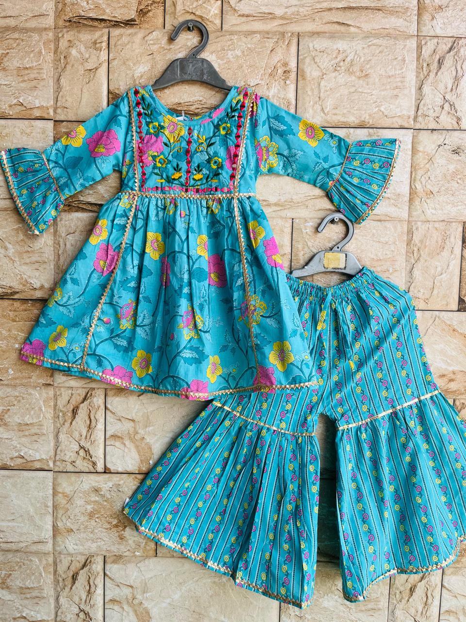 Teal Floral Embroidered Kurta Sharara Set – 60x60 Cotton (1–10 Years)