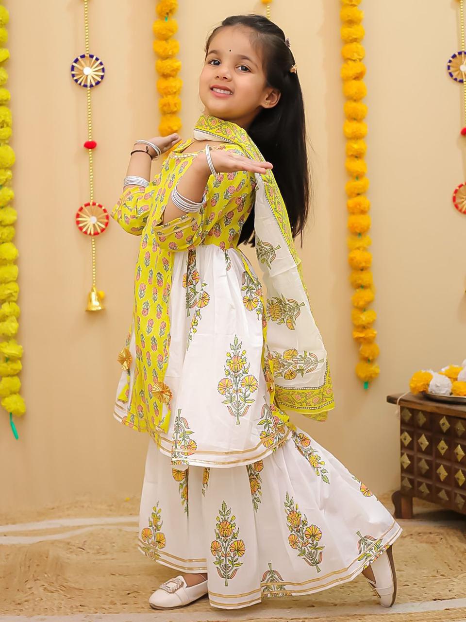 Yellow Mughal Buti Kurta Sharara Dupatta Set – 60x60 Cotton (1–10 Years)