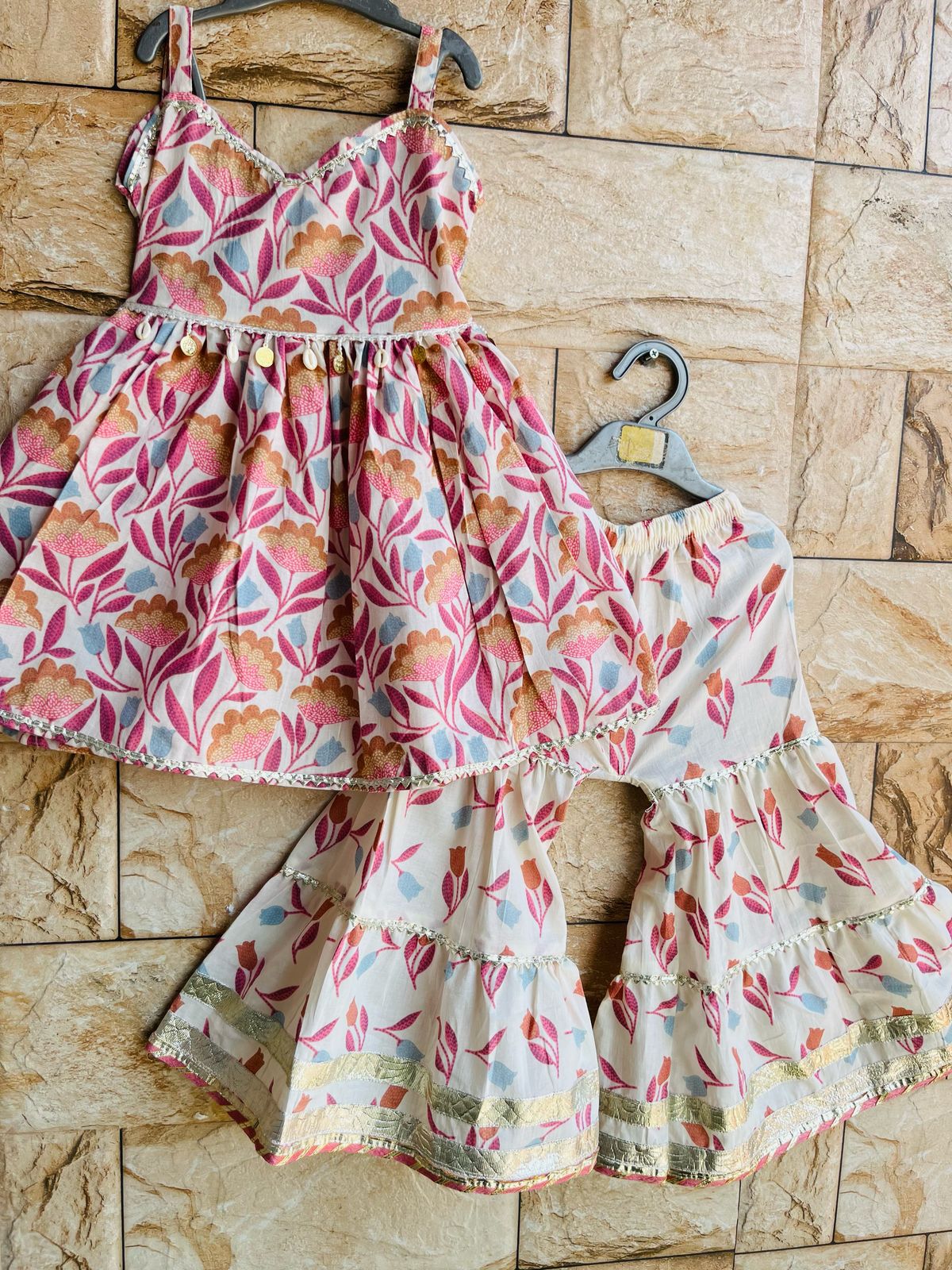 Ivory Floral Sharara Set with Coin Lace – 60x60 Cotton (1–10 Years)